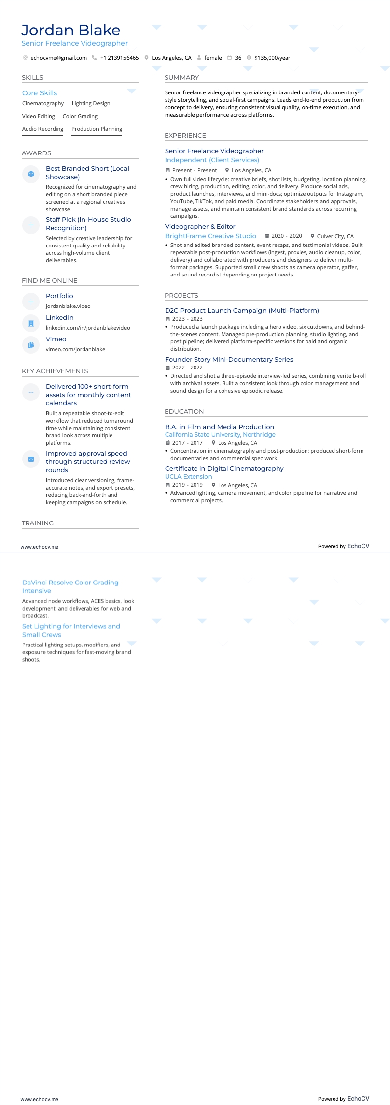 Nhà quay phim tự do resume example