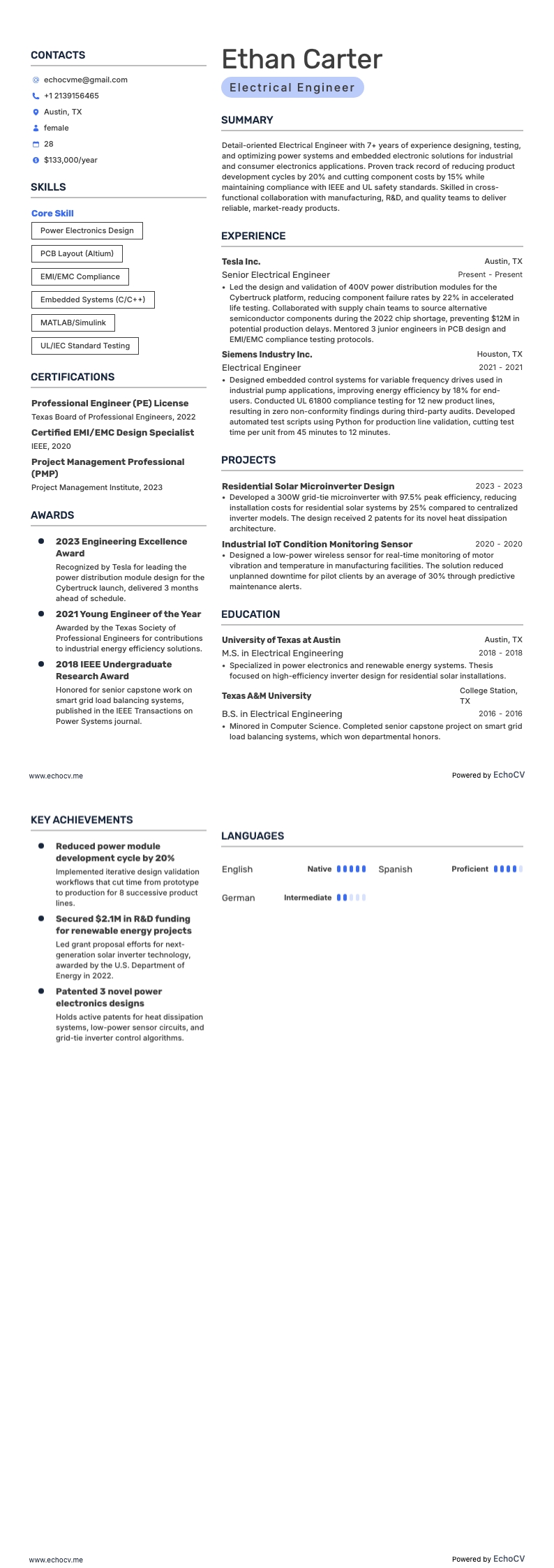 Electrical Engineering example resume