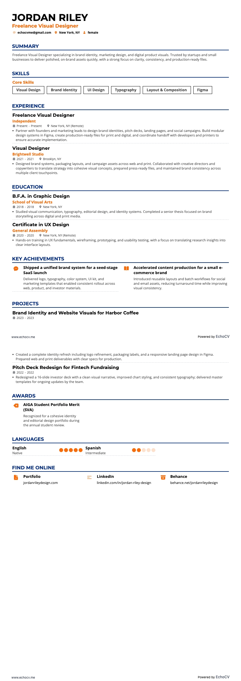 Designer visual freelance resume example