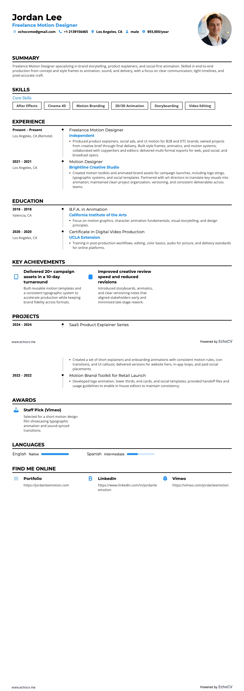 Nhà thiết kế chuyển động tự do example resume