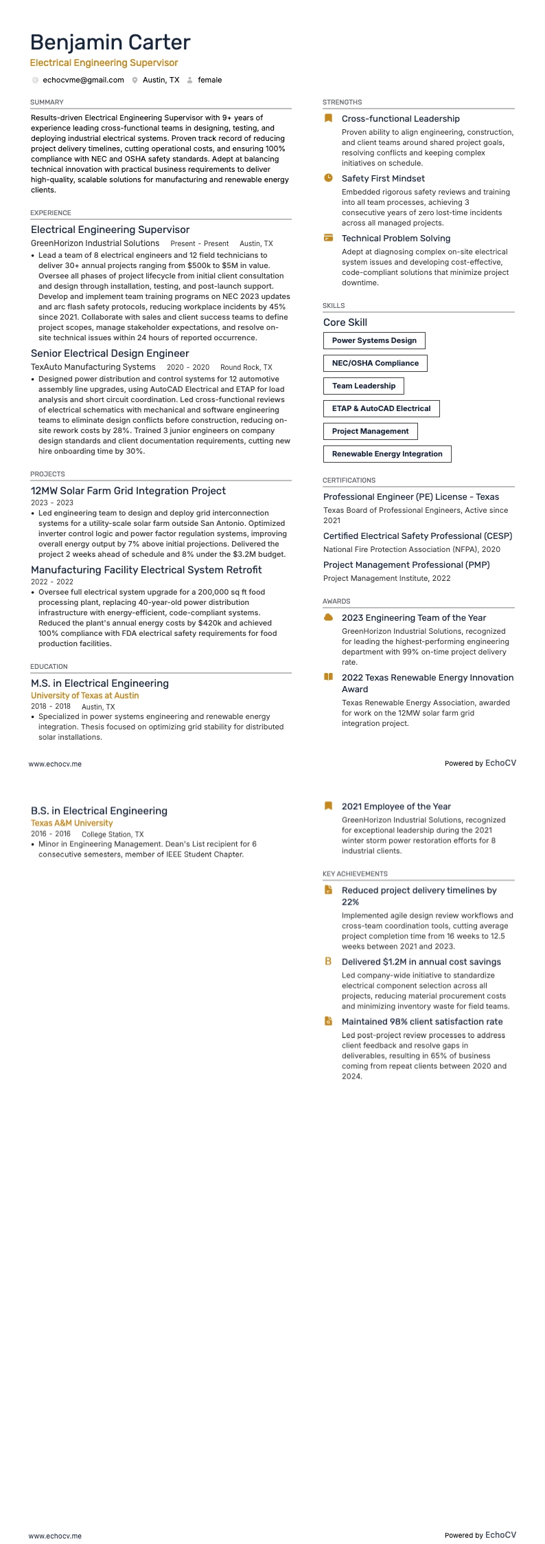 Electrical Engineering Supervisor example resume