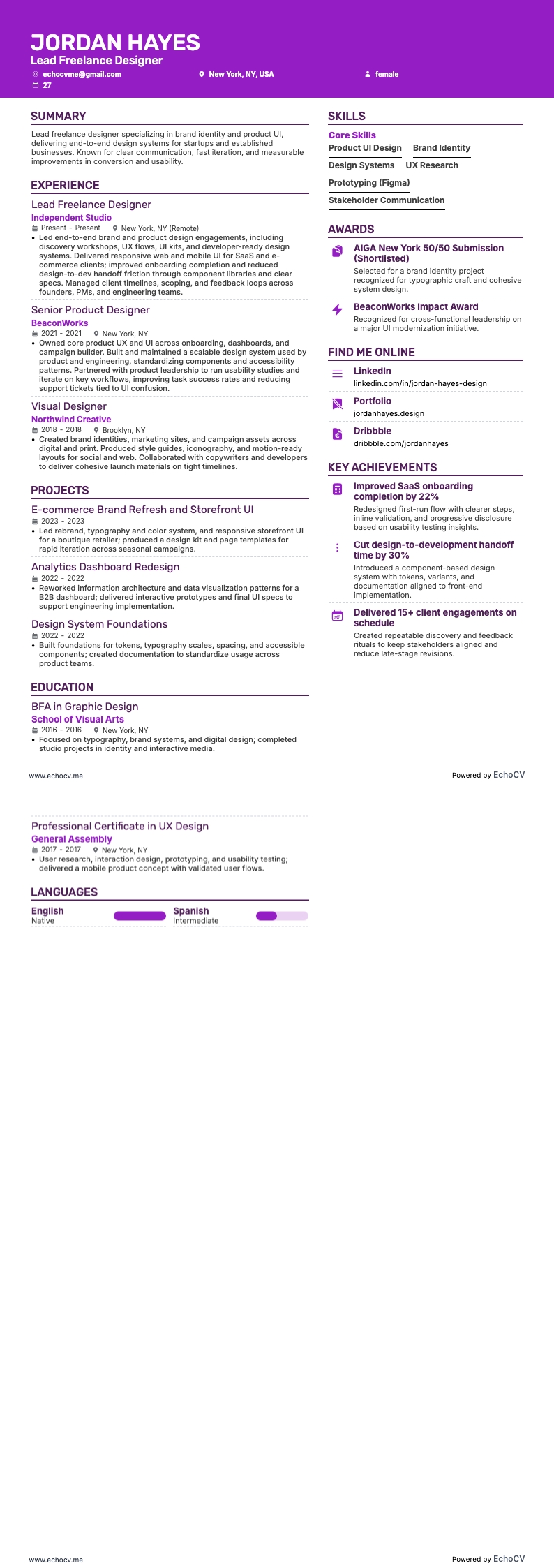 Nhà thiết kế tự do chính example resume