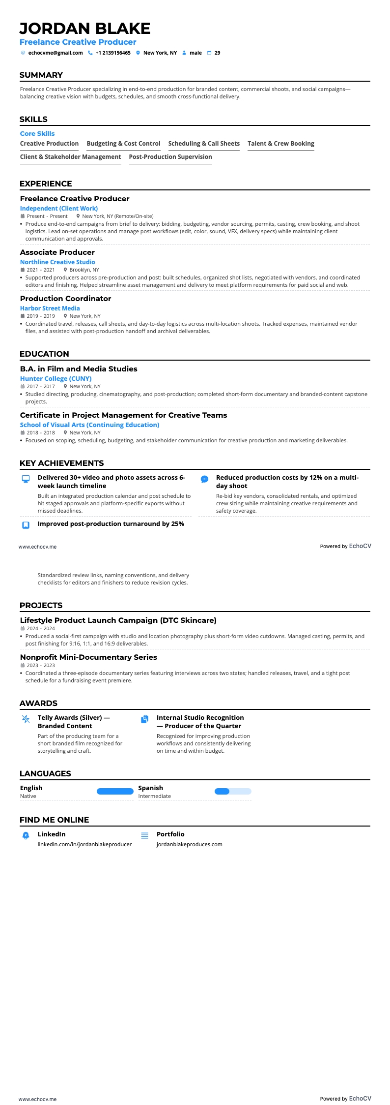 Productor creativo freelance example resume