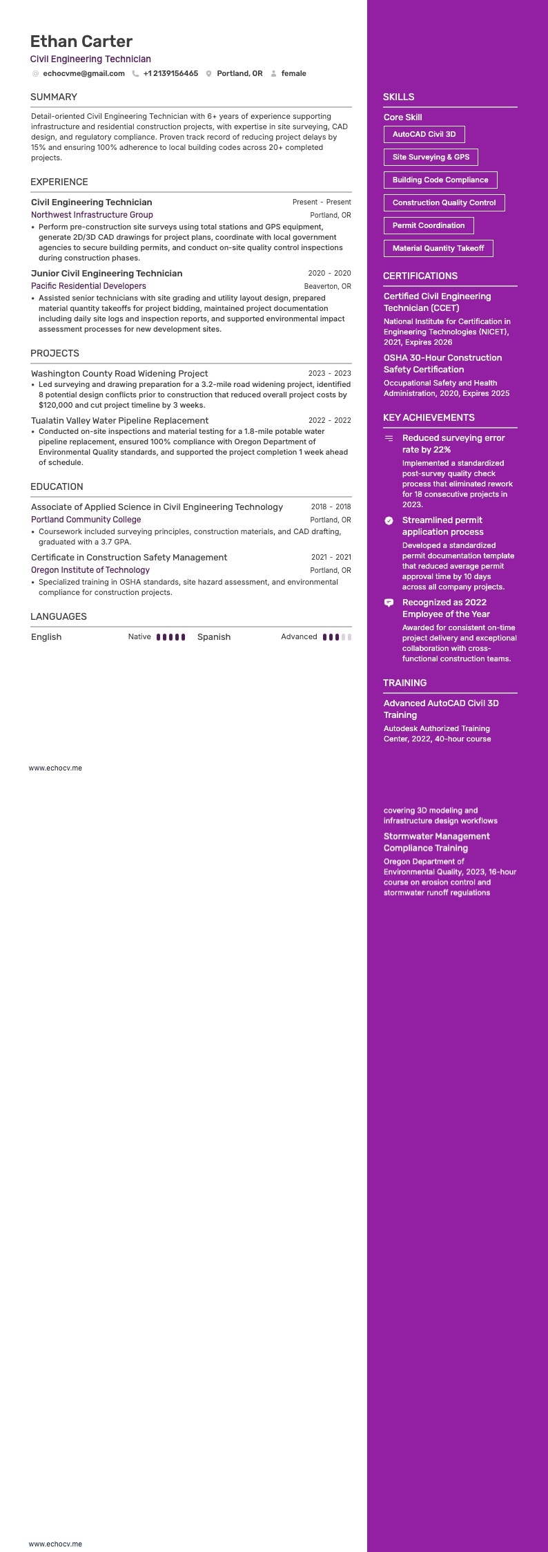 Civil Engineering Technician example resume