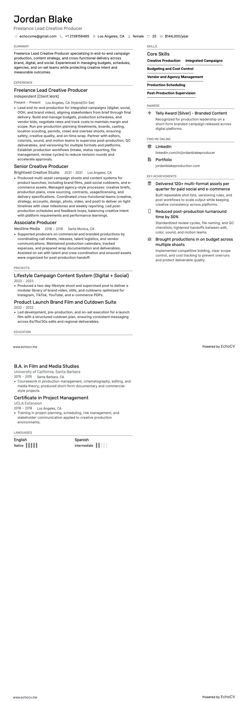 Productor creativo principal freelance example resume