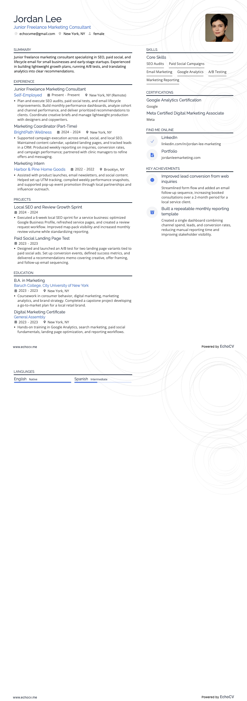 주니어 프리랜서 마케팅 컨설턴트 example resume