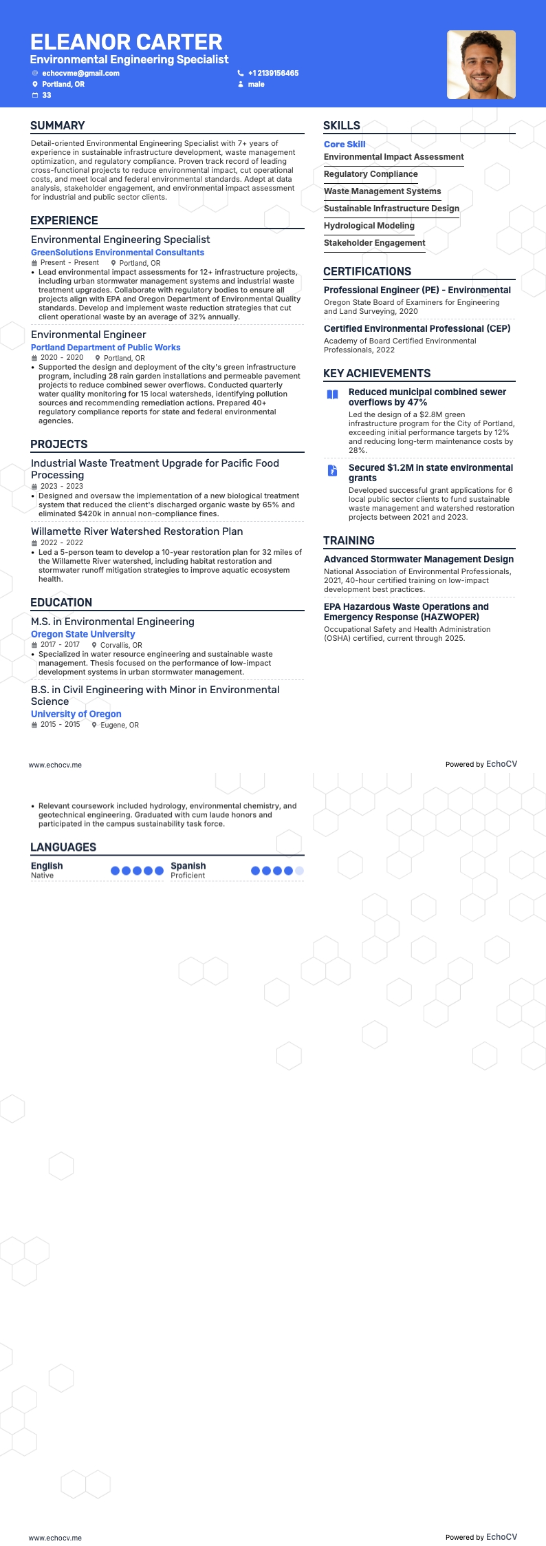 Environmental Engineering Specialist example resume