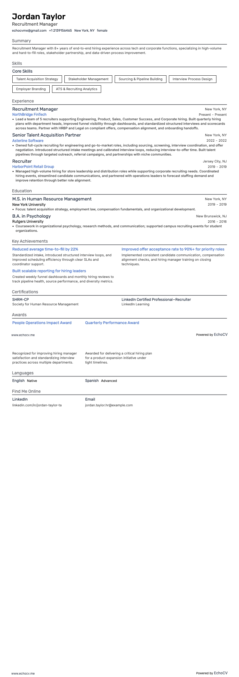 Recruitment Manager example resume