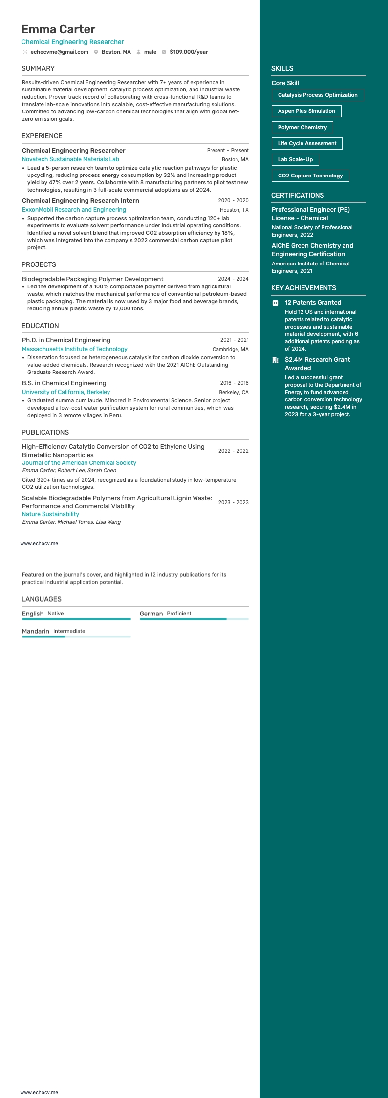 Chemical Engineering Researcher example resume