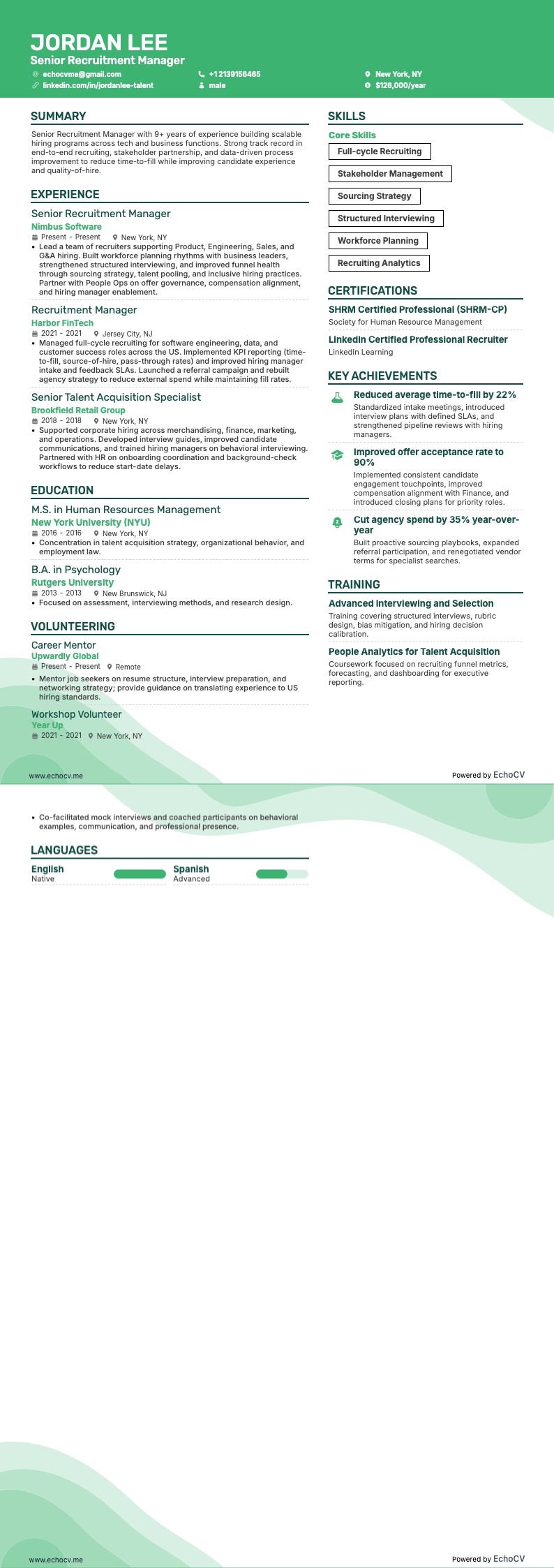 高級招募經理 resume example