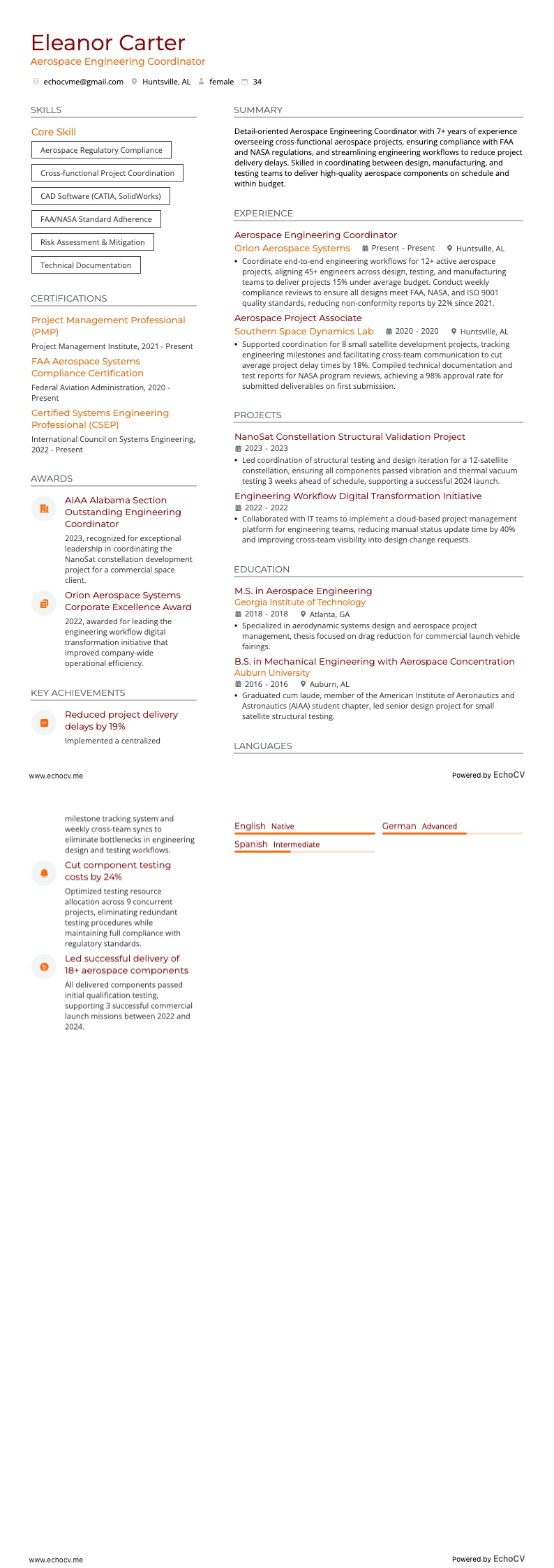 Aerospace Engineering Coordinator example resume
