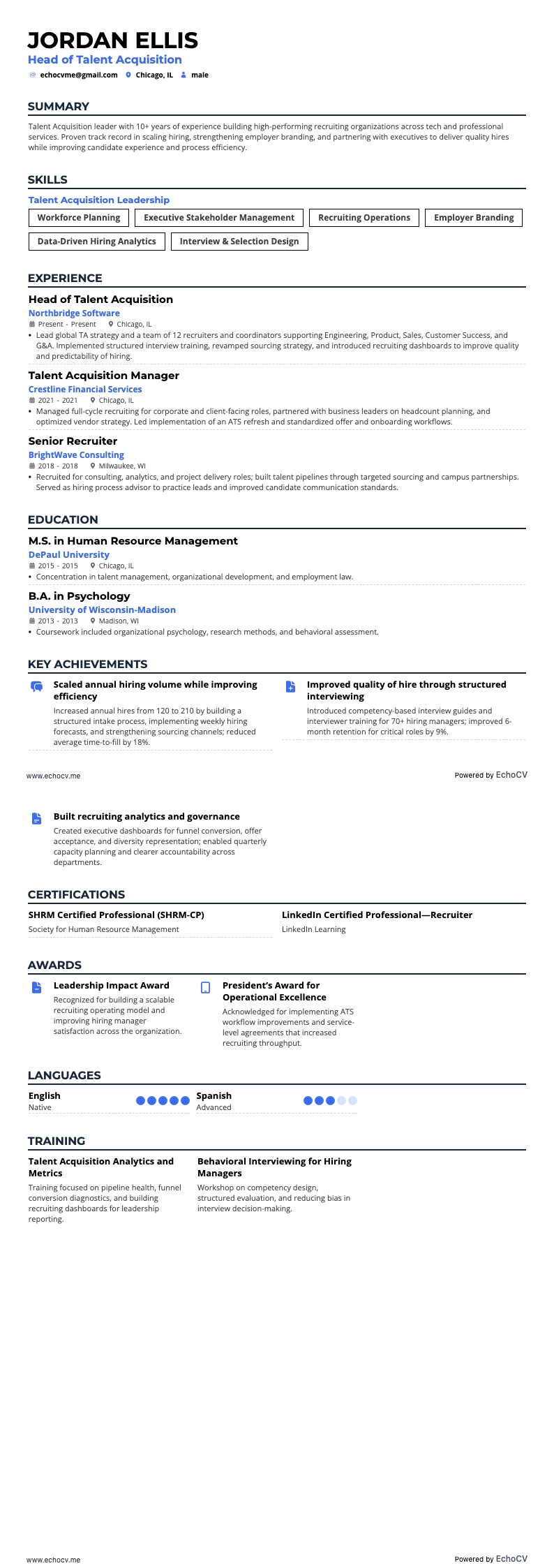 Head of Talent Acquisition example resume