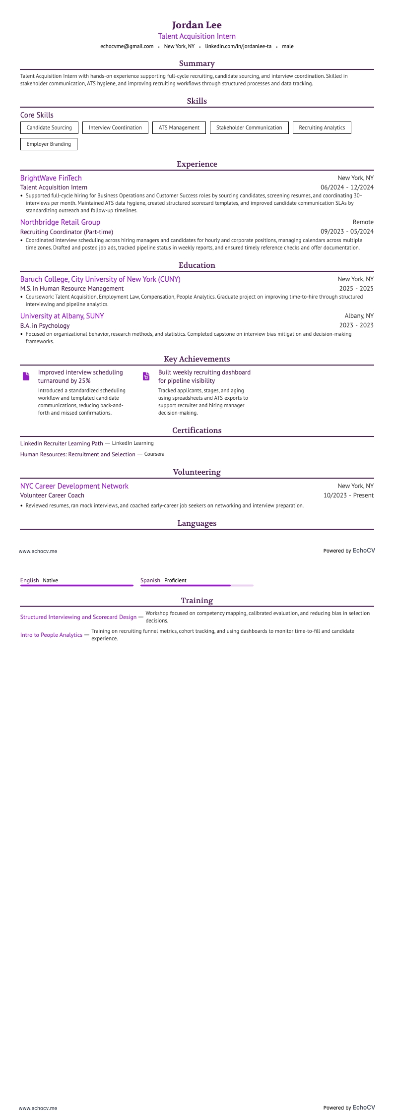 Talent Acquisition Intern example resume