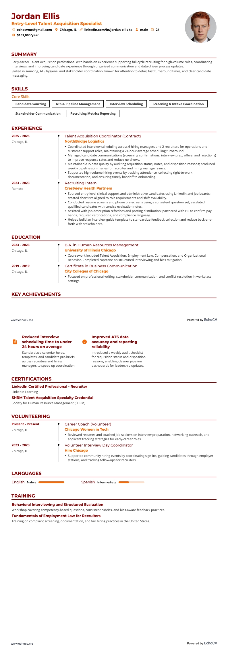Entry-Level Talent Acquisition Specialist example resume