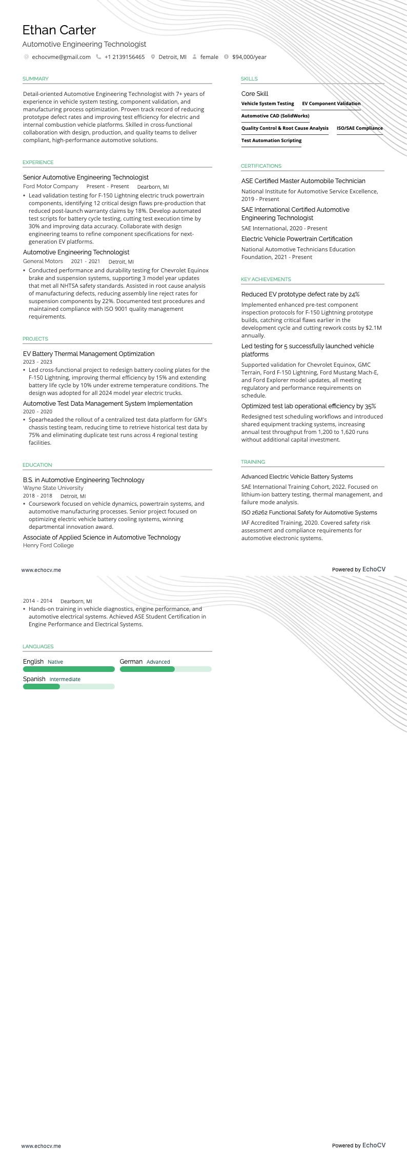 Automotive Engineering Technologist example resume