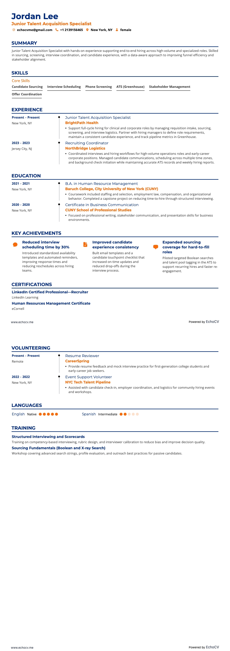 人才招募經理 resume example