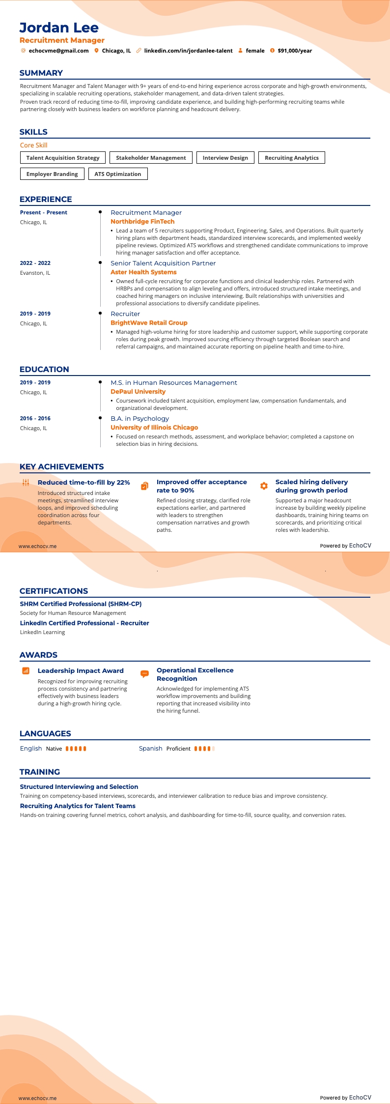 Gerente de Recrutamento example resume