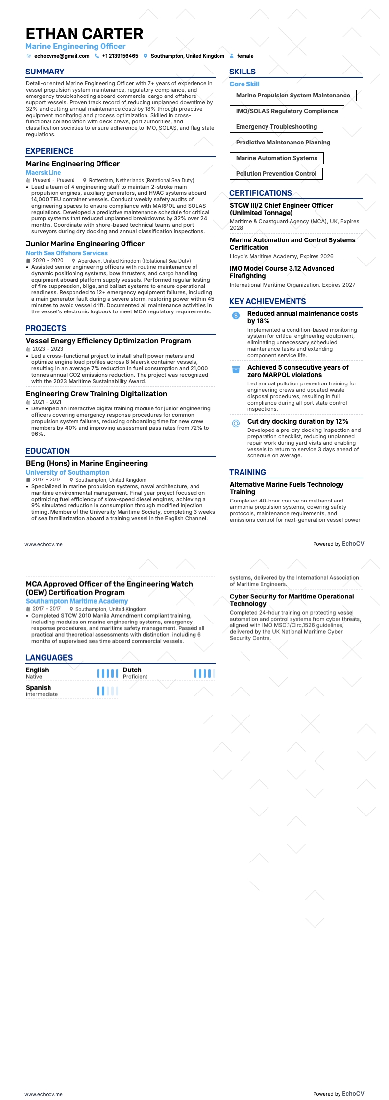 Marine Engineering Officer example resume