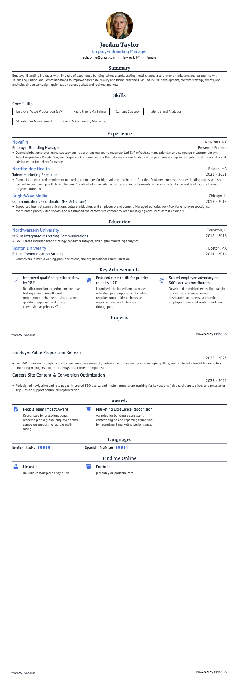 Gerente de marca empregadora example resume