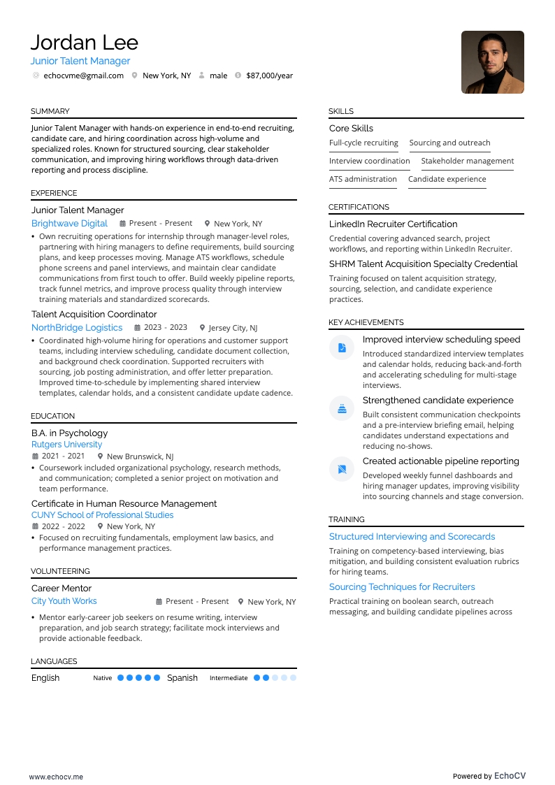 Gerente de Talentos Júnior example resume