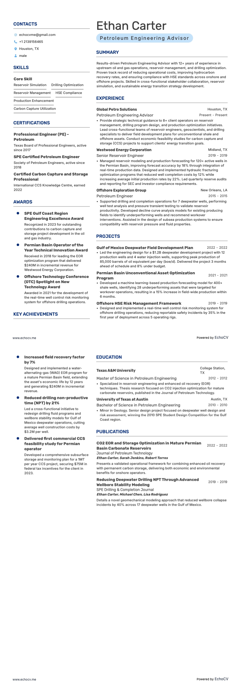Petroleum Engineering Advisor example resume