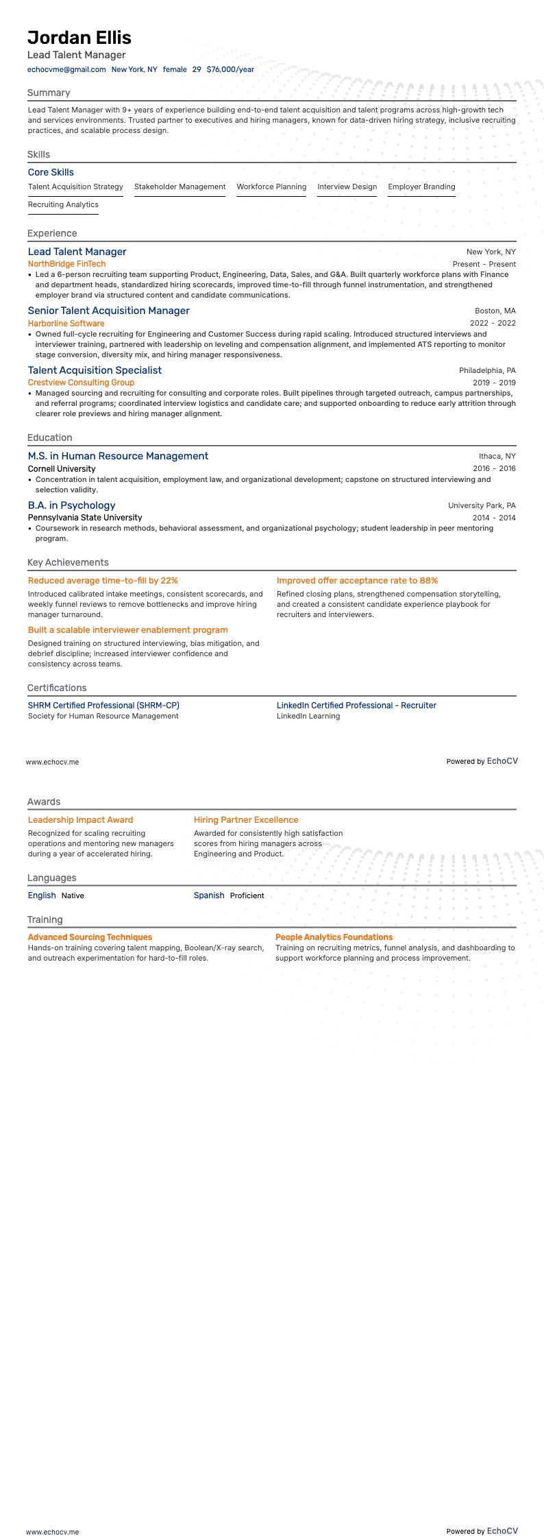 Gerente de Talentos resume example