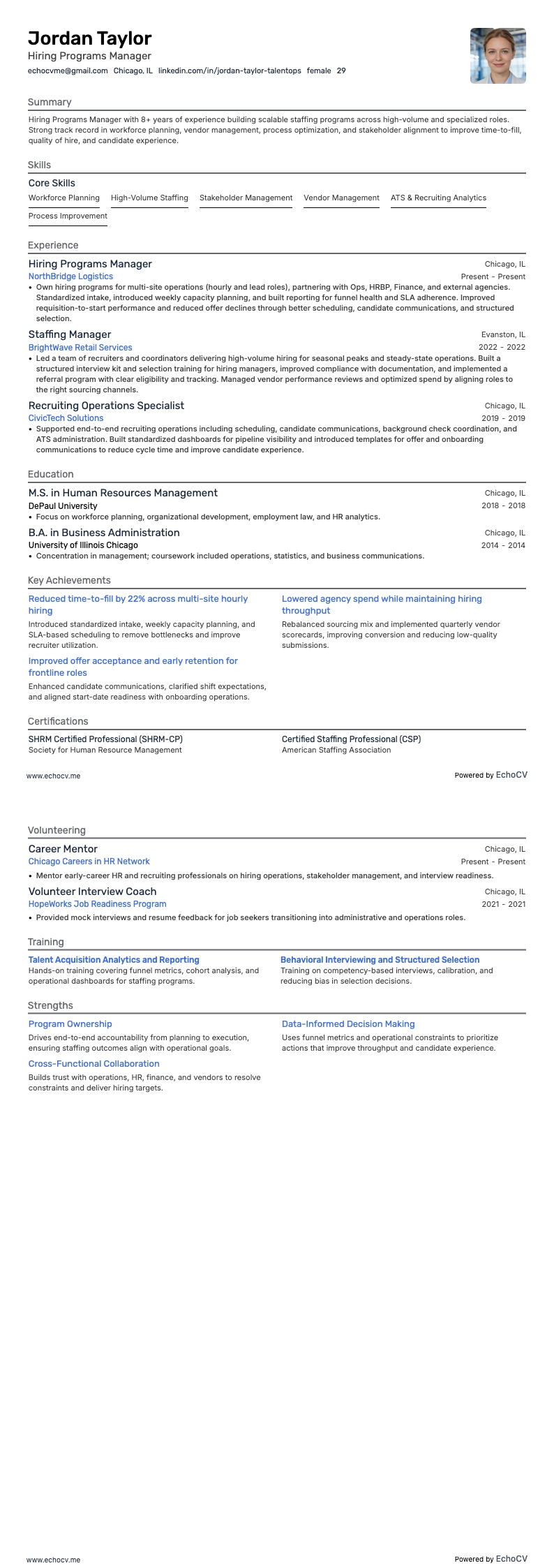 채용 프로그램 관리자 example resume