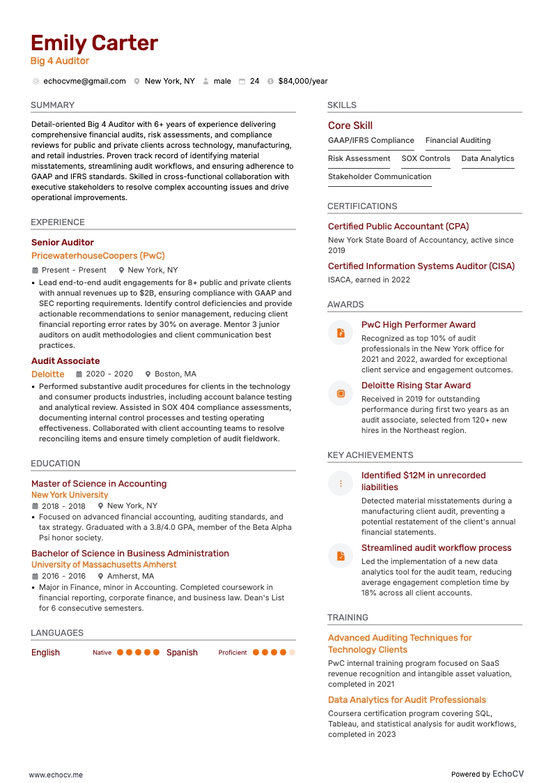 Auditeur Big 4 example resume