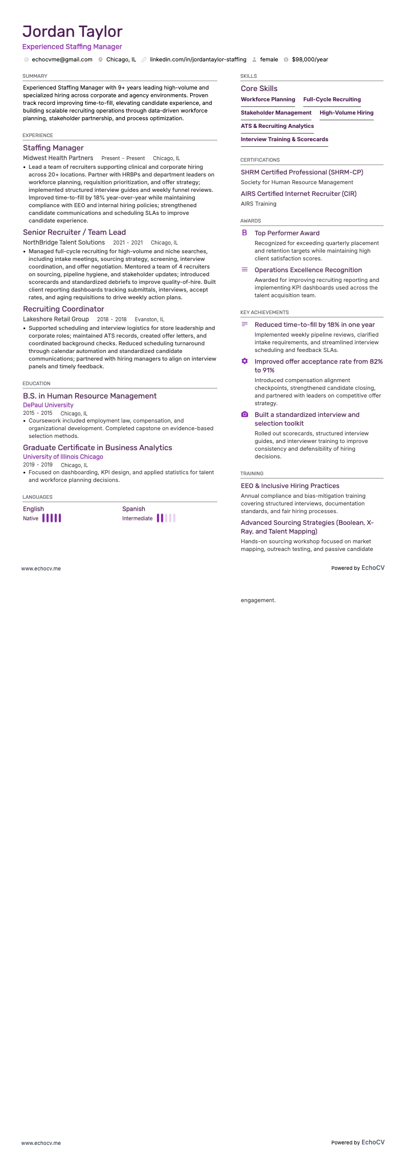 인력 배치 관리자 resume example