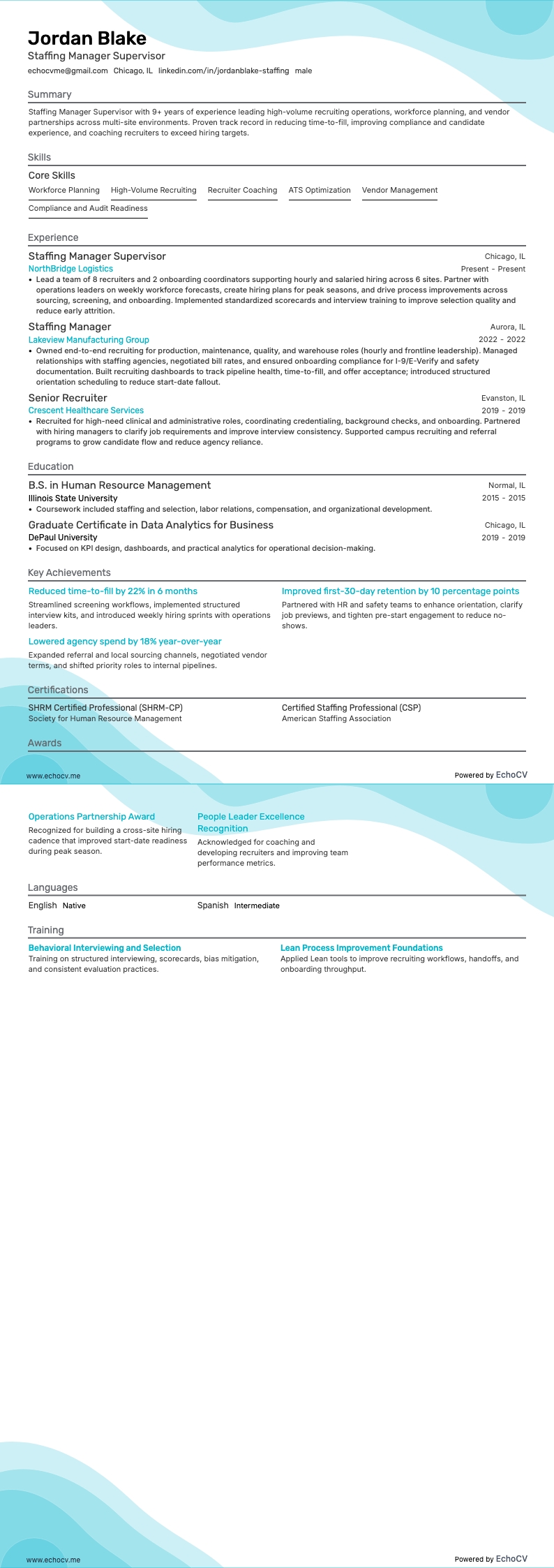 人員配置マネージャー resume example