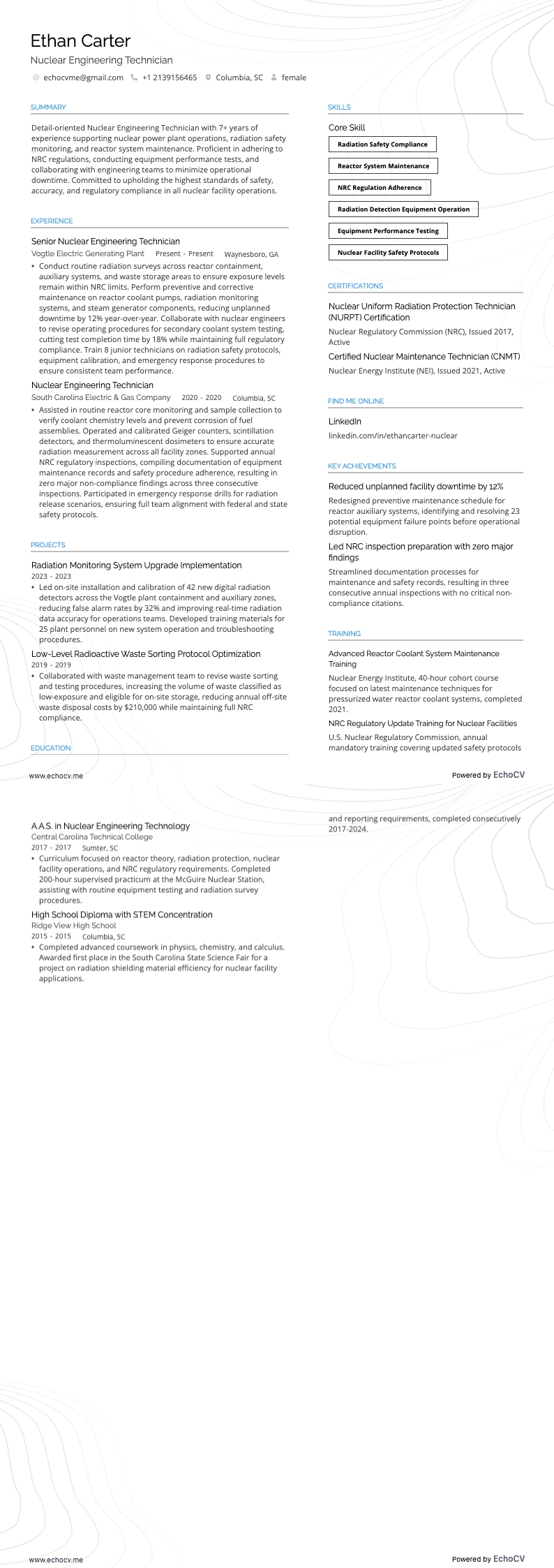Nuclear Engineering Technician example resume