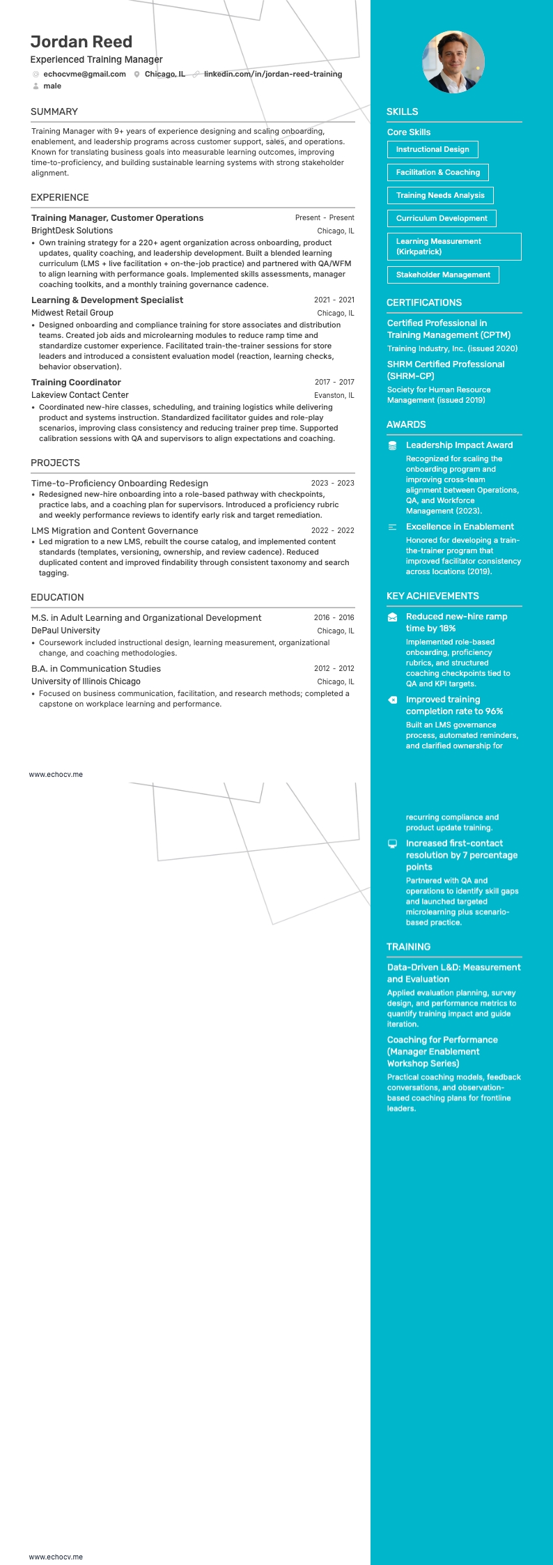 Experienced Training Manager example resume