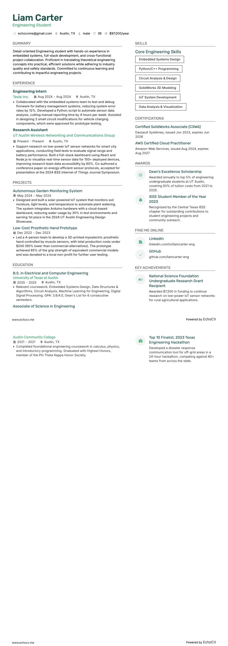 Engineering Student example resume