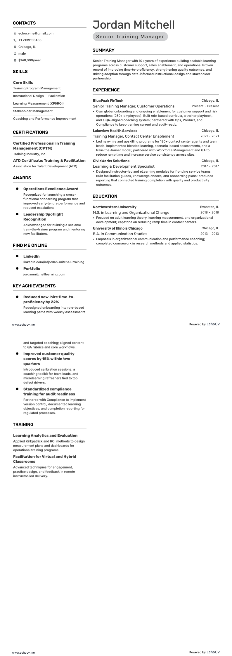 교육 관리자 resume example