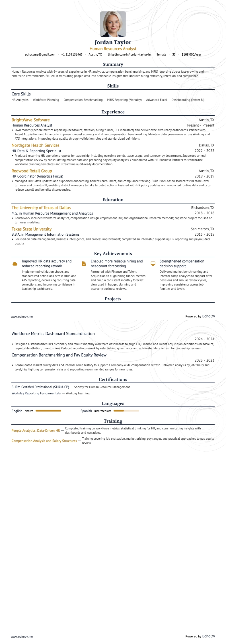 HR 분석가 resume example
