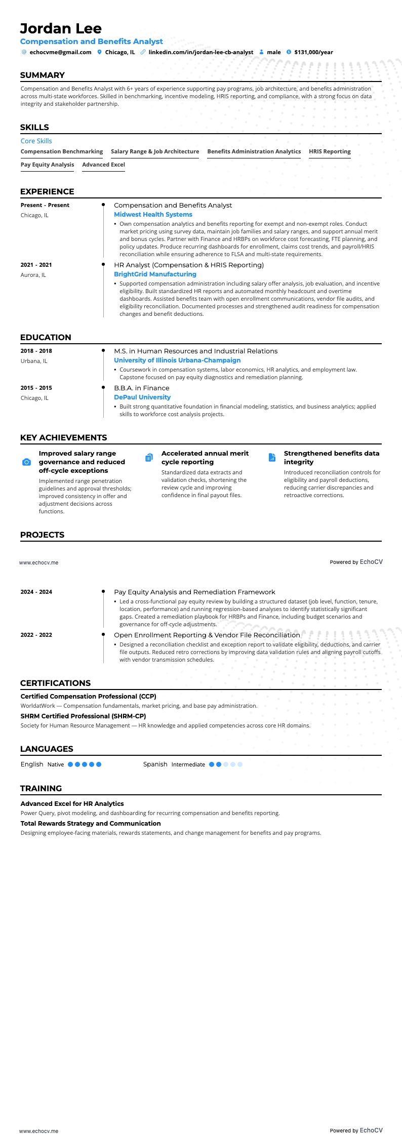 Compensation and Benefits Analyst example resume