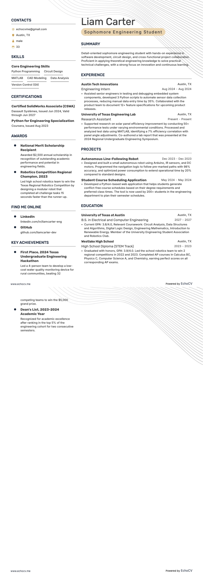 Sophomore Engineering example resume