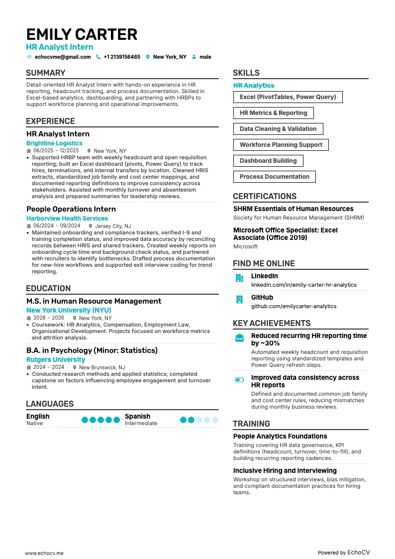HR Analyst resume example