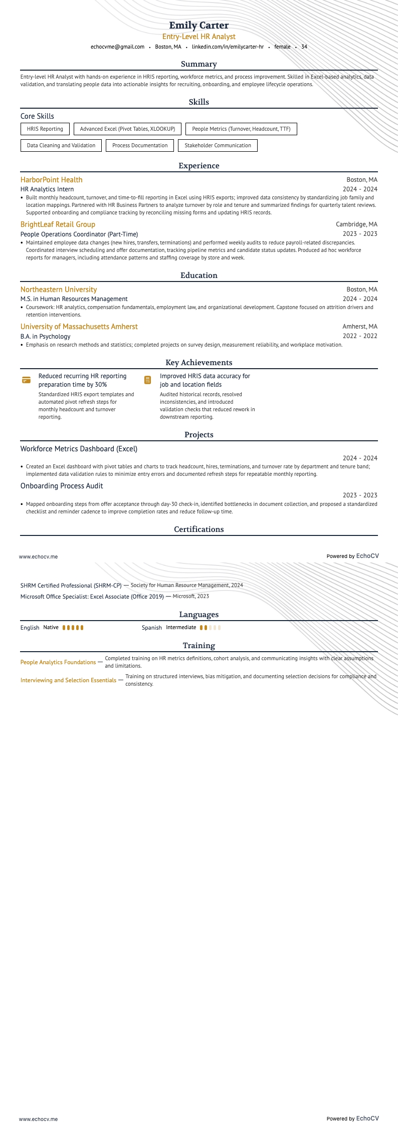 Analyste RH resume example