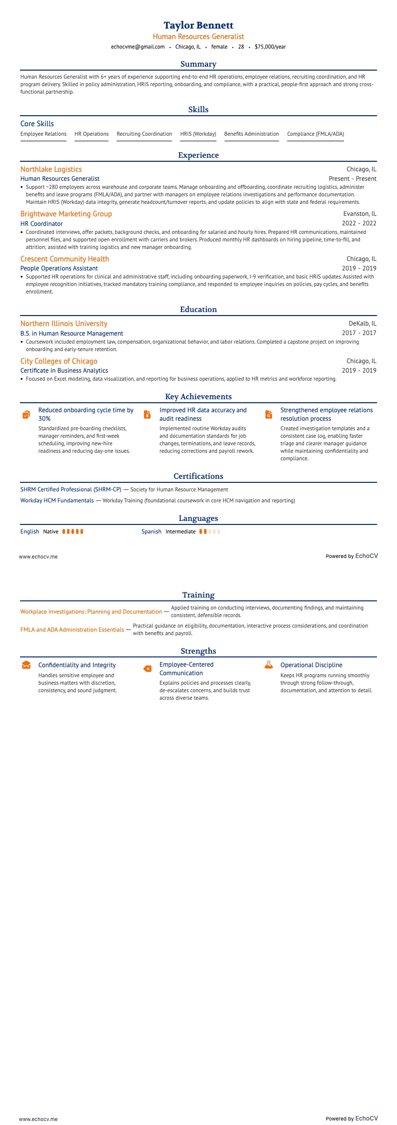 Généraliste RH resume example