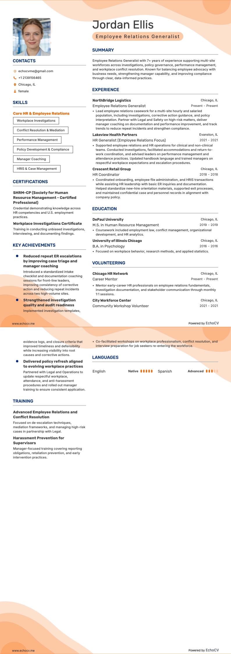 人事ジェネラリスト resume example