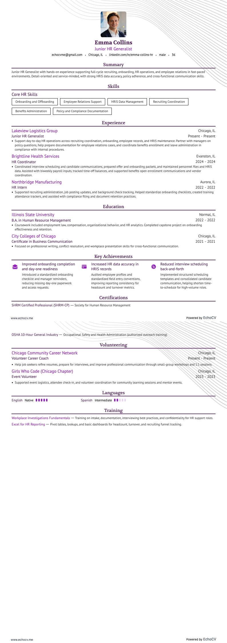 人力资源综合专员 resume example