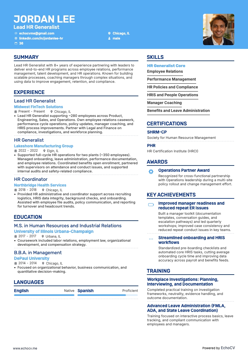 Lead HR Generalist example resume