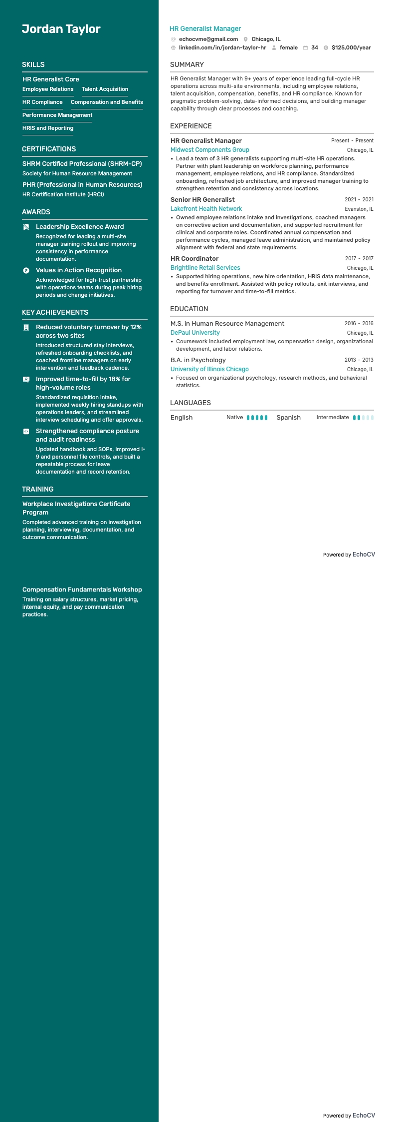 HR Generalist resume example