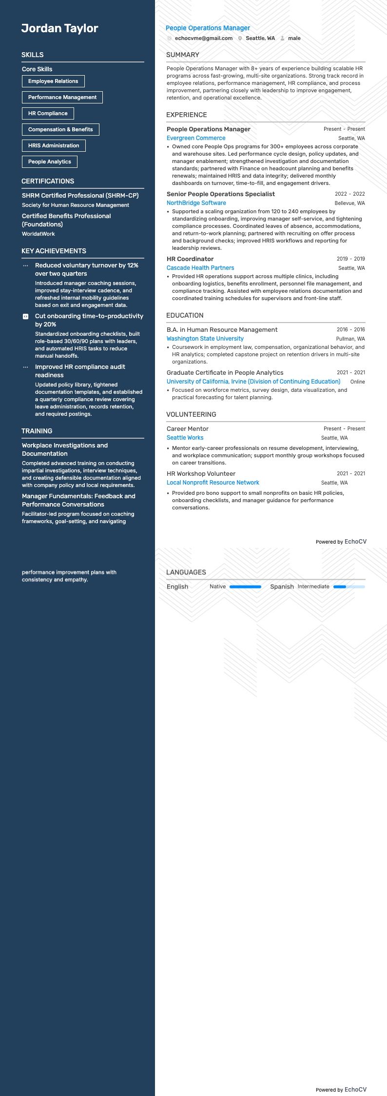 People Operations Manager example resume