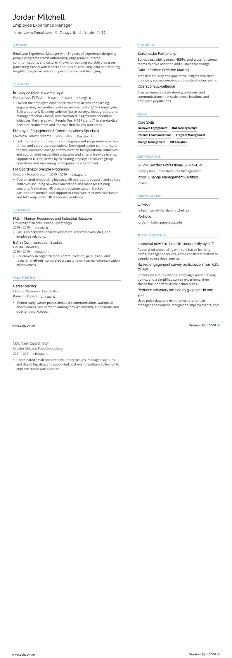 Employee Experience Manager example resume