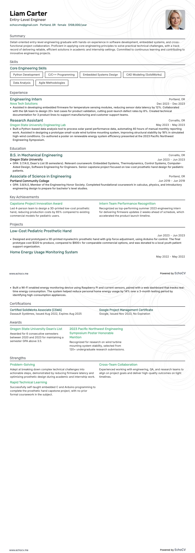 Entry-Level Engineering example resume