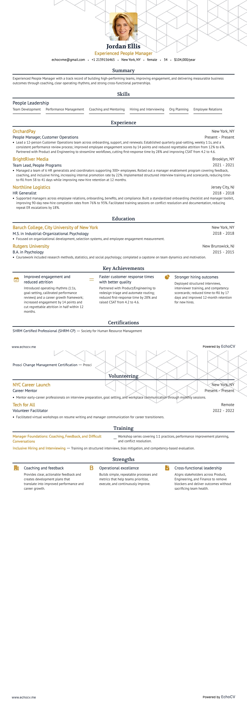 Experienced People Manager example resume