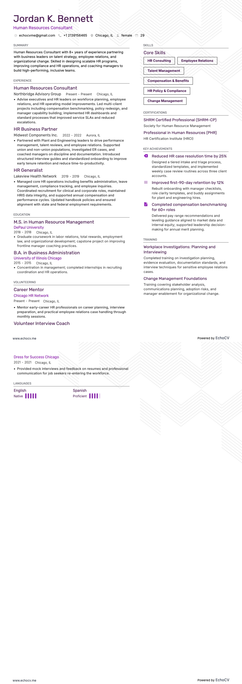 Human Resources Consultant example resume