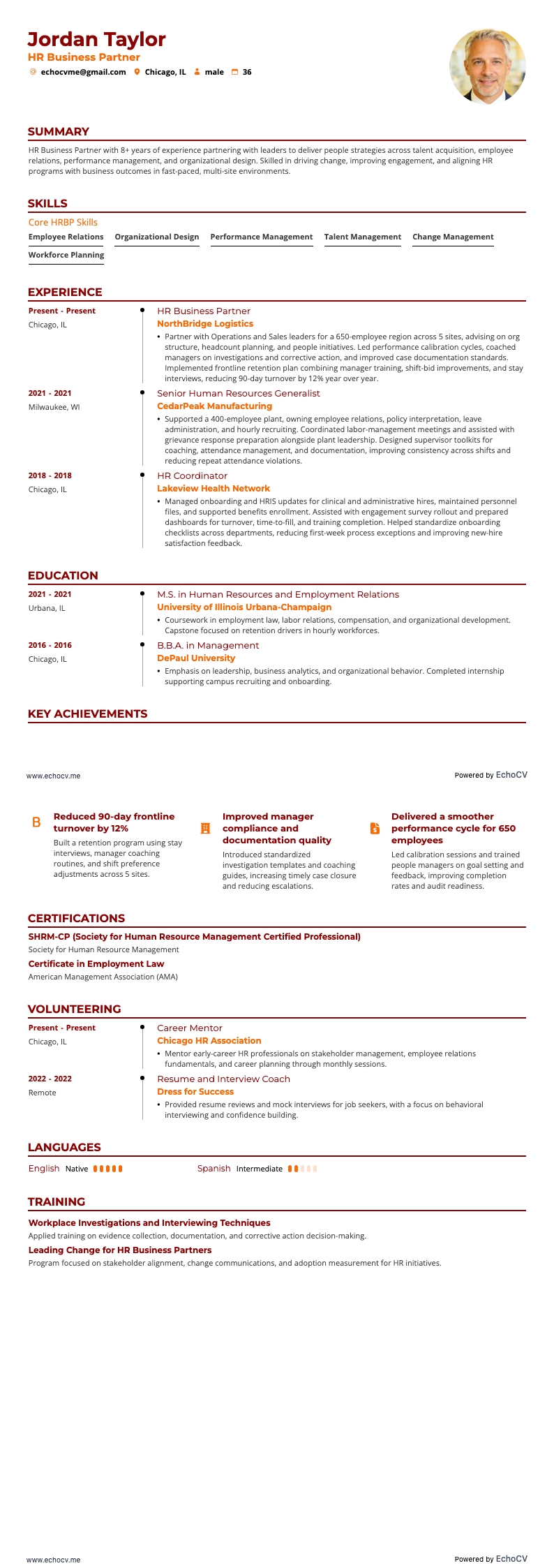 HR Business Partner example resume